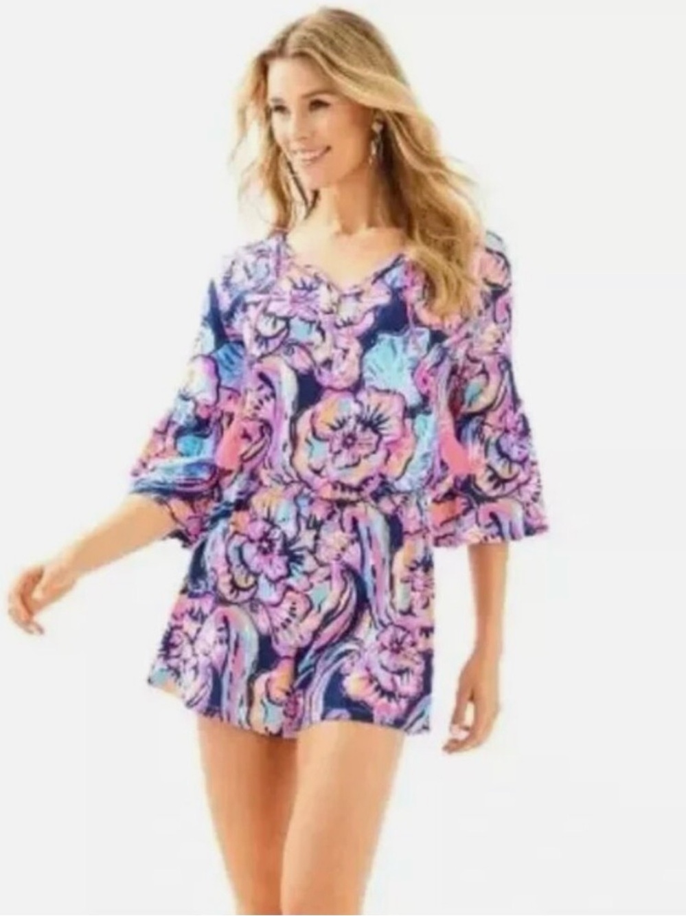Lilly Pulitzer Donna Romper Multi Sink Or Swim Floral Tassel Knit Pink Blue M - Picture 2 of 7